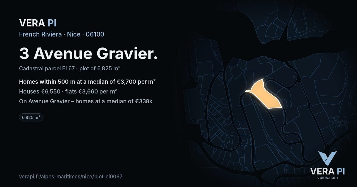3 Avenue Gravier, Nice at night – the plot lit, the parcels around coloured by the prices near them