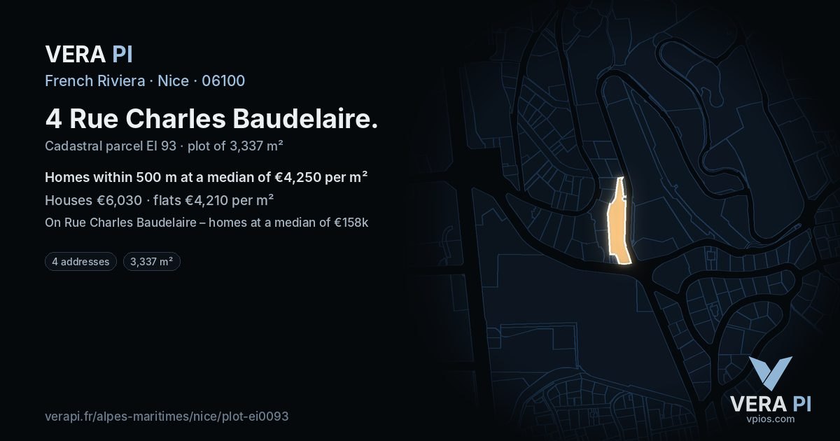 4 Rue Charles Baudelaire, Nice at night – the plot lit, the parcels around coloured by the prices near them