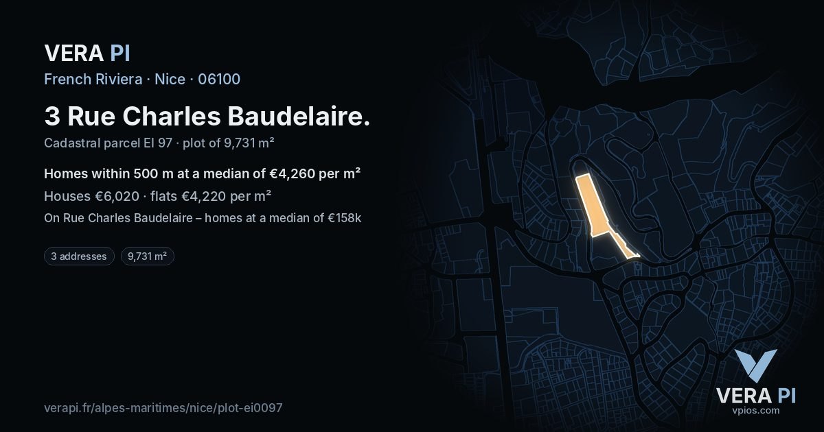 3 Rue Charles Baudelaire, Nice at night – the plot lit, the parcels around coloured by the prices near them
