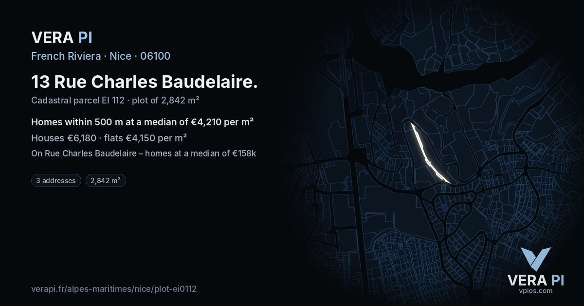 13 Rue Charles Baudelaire, Nice at night – the plot lit, the parcels around coloured by the prices near them