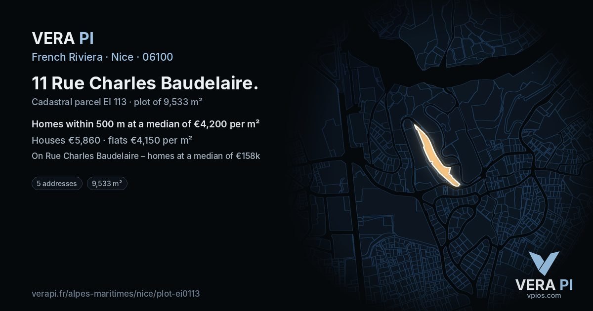 11 Rue Charles Baudelaire, Nice at night – the plot lit, the parcels around coloured by the prices near them