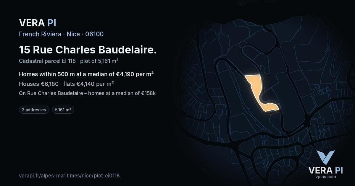 15 Rue Charles Baudelaire, Nice at night – the plot lit, the parcels around coloured by the prices near them