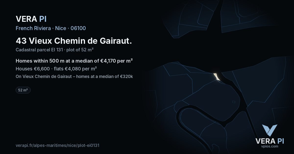 43 Vieux Chemin de Gairaut, Nice at night – the plot lit, the parcels around coloured by the prices near them
