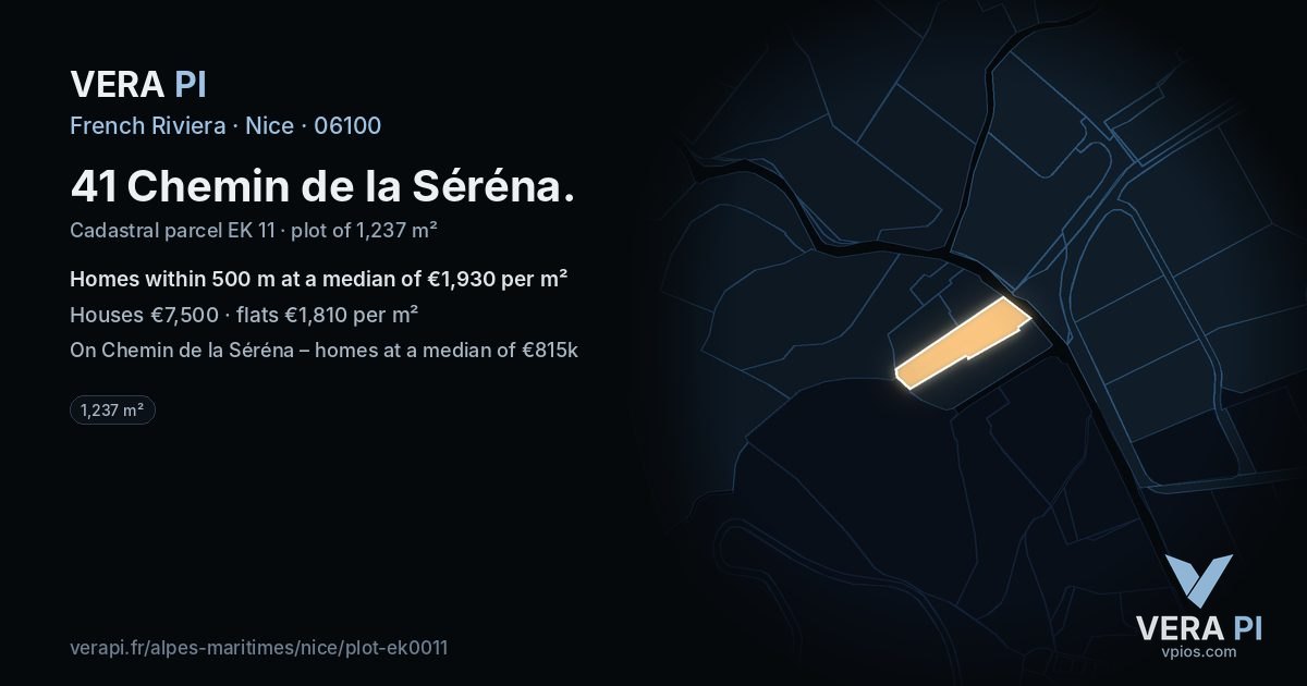 41 Chemin de la Séréna, Nice at night – the plot lit, the parcels around coloured by the prices near them