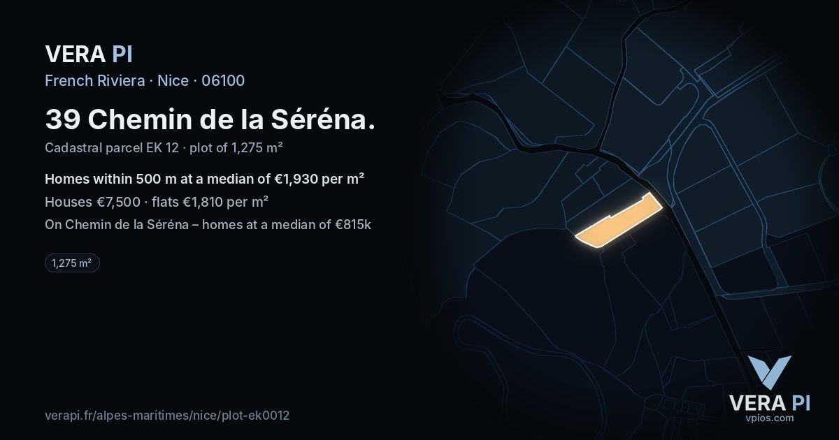 39 Chemin de la Séréna, Nice at night – the plot lit, the parcels around coloured by the prices near them