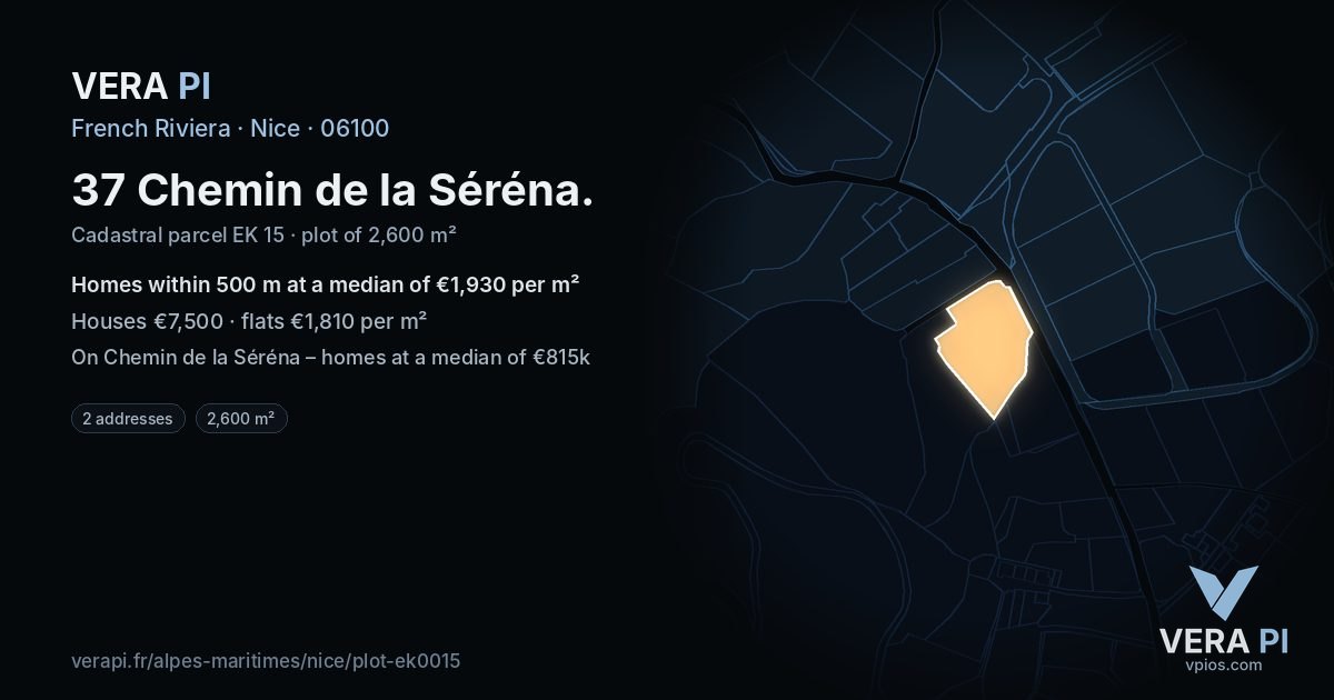 37 Chemin de la Séréna, Nice at night – the plot lit, the parcels around coloured by the prices near them