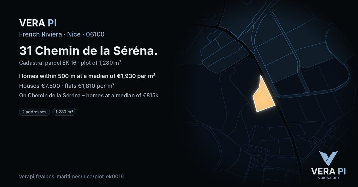 31 Chemin de la Séréna, Nice at night – the plot lit, the parcels around coloured by the prices near them