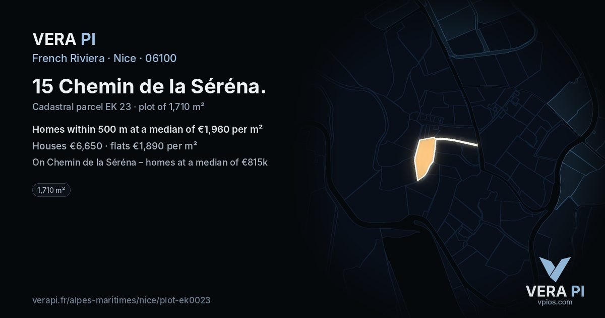 15 Chemin de la Séréna, Nice at night – the plot lit, the parcels around coloured by the prices near them