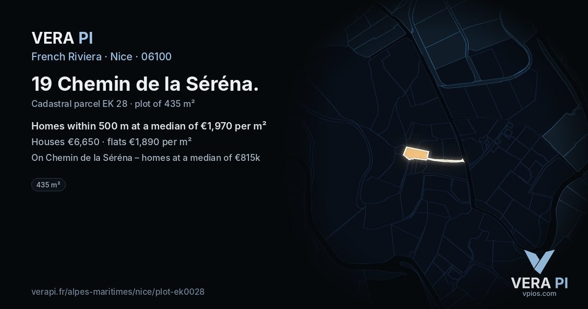 19 Chemin de la Séréna, Nice at night – the plot lit, the parcels around coloured by the prices near them