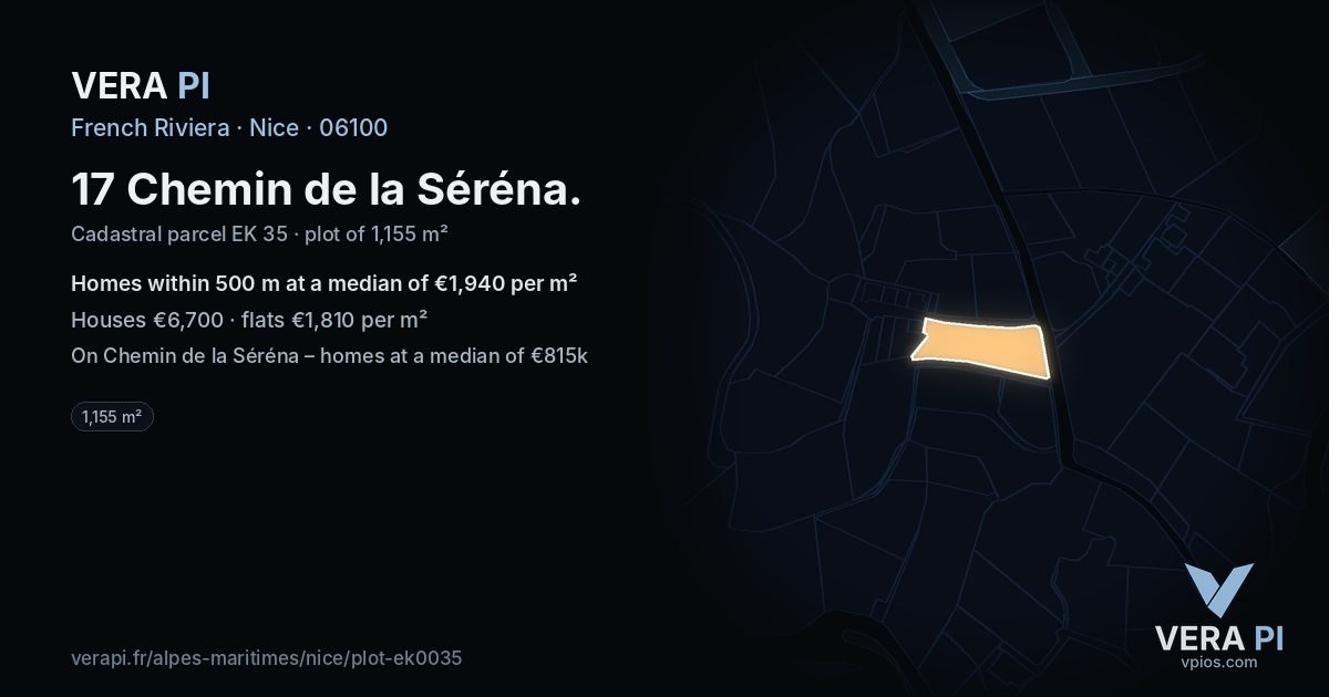 17 Chemin de la Séréna, Nice at night – the plot lit, the parcels around coloured by the prices near them