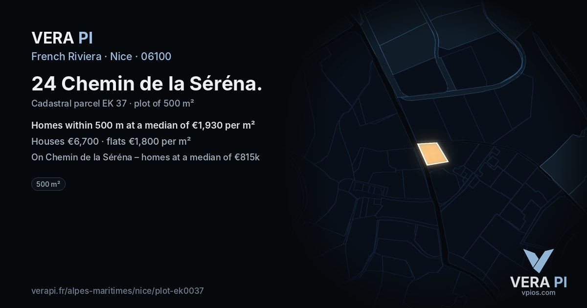 24 Chemin de la Séréna, Nice at night – the plot lit, the parcels around coloured by the prices near them