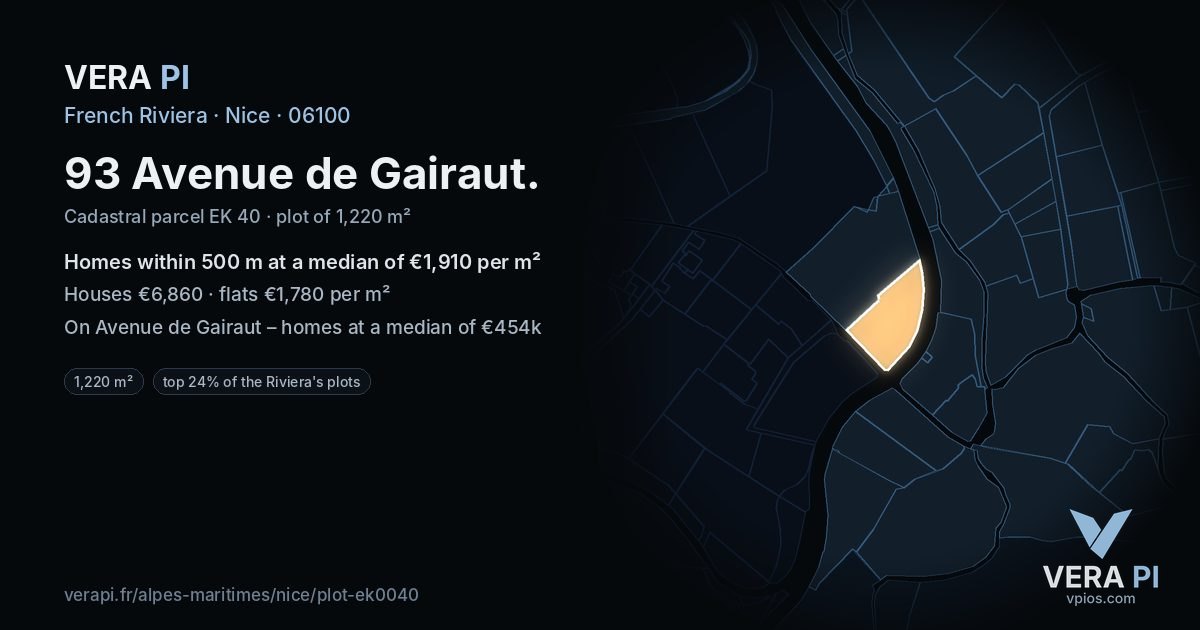 93 Avenue de Gairaut, Nice at night – the plot lit, the parcels around coloured by the prices near them