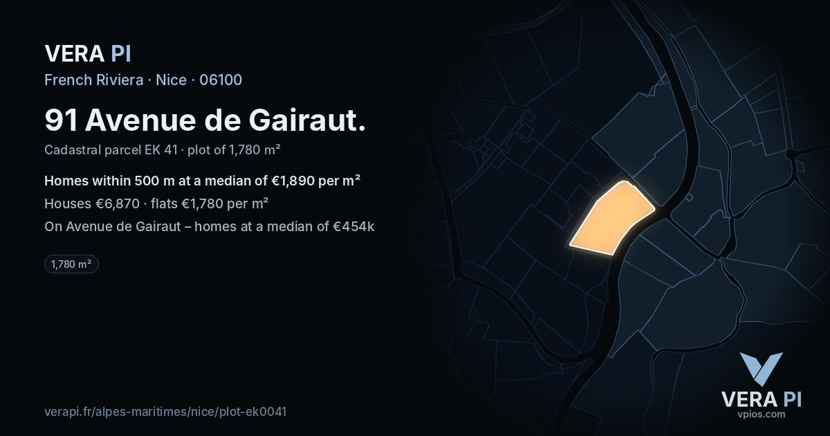 91 Avenue de Gairaut, Nice at night – the plot lit, the parcels around coloured by the prices near them