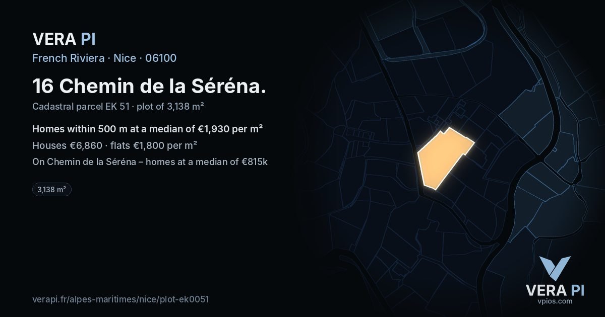 16 Chemin de la Séréna, Nice at night – the plot lit, the parcels around coloured by the prices near them