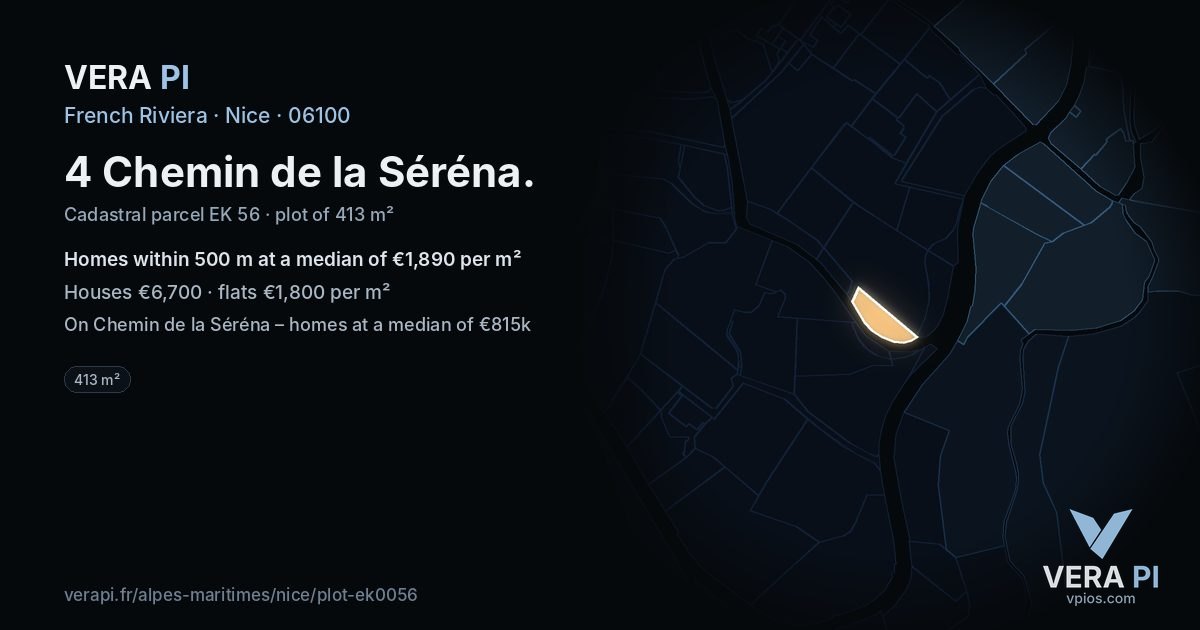 4 Chemin de la Séréna, Nice at night – the plot lit, the parcels around coloured by the prices near them
