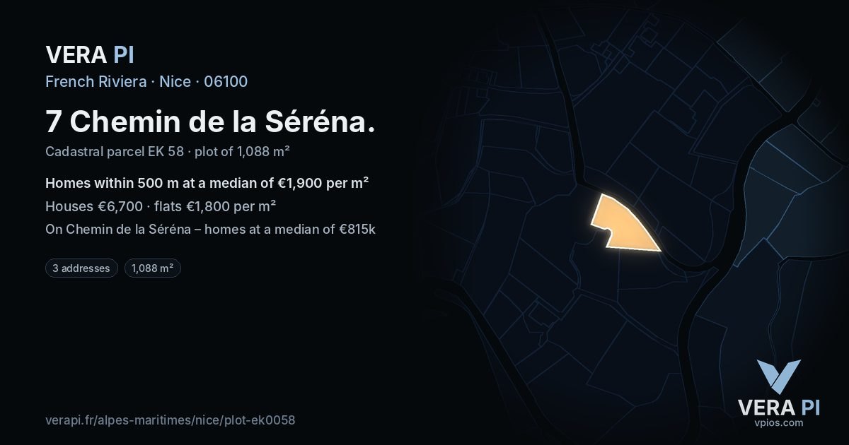 7 Chemin de la Séréna, Nice at night – the plot lit, the parcels around coloured by the prices near them