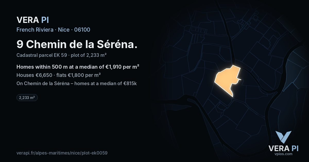 9 Chemin de la Séréna, Nice at night – the plot lit, the parcels around coloured by the prices near them