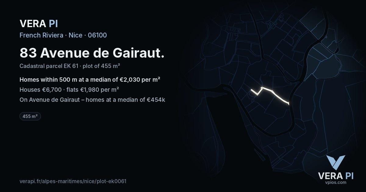 83 Avenue de Gairaut, Nice at night – the plot lit, the parcels around coloured by the prices near them