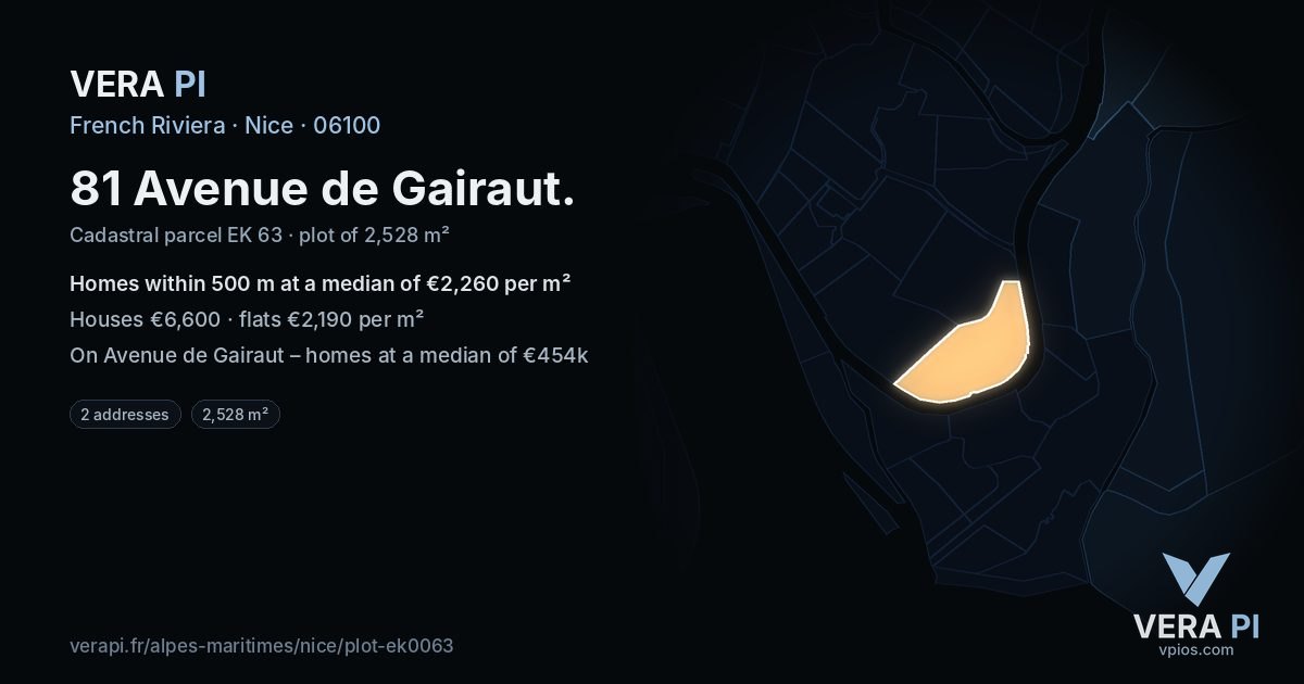 81 Avenue de Gairaut, Nice at night – the plot lit, the parcels around coloured by the prices near them
