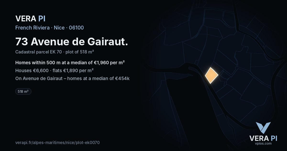 73 Avenue de Gairaut, Nice at night – the plot lit, the parcels around coloured by the prices near them