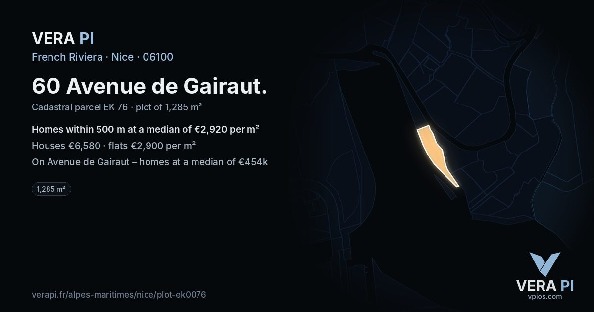 60 Avenue de Gairaut, Nice at night – the plot lit, the parcels around coloured by the prices near them