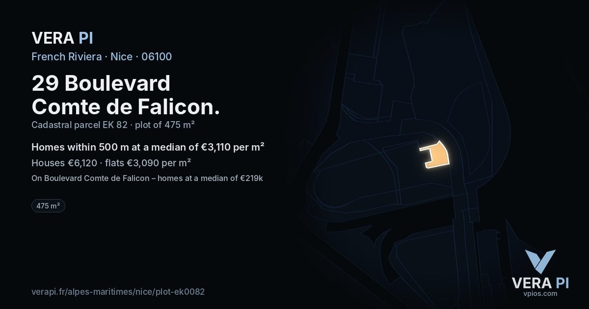 29 Boulevard Comte de Falicon, Nice at night – the plot lit, the parcels around coloured by the prices near them
