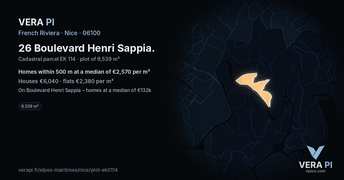 26 Boulevard Henri Sappia, Nice at night – the plot lit, the parcels around coloured by the prices near them