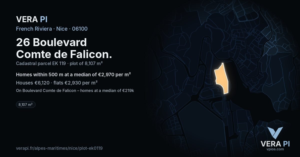 26 Boulevard Comte de Falicon, Nice at night – the plot lit, the parcels around coloured by the prices near them