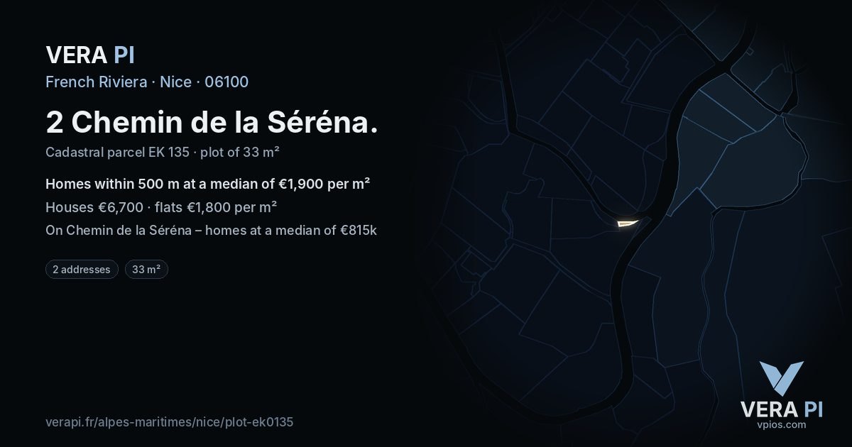 2 Chemin de la Séréna, Nice at night – the plot lit, the parcels around coloured by the prices near them