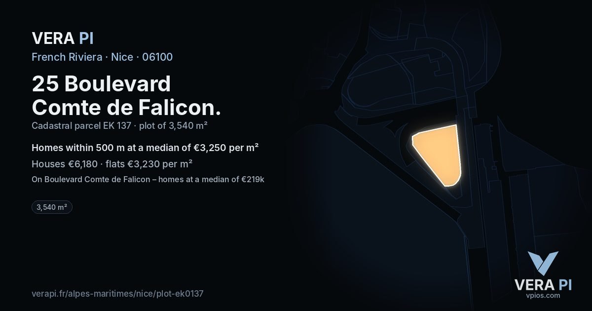25 Boulevard Comte de Falicon, Nice at night – the plot lit, the parcels around coloured by the prices near them