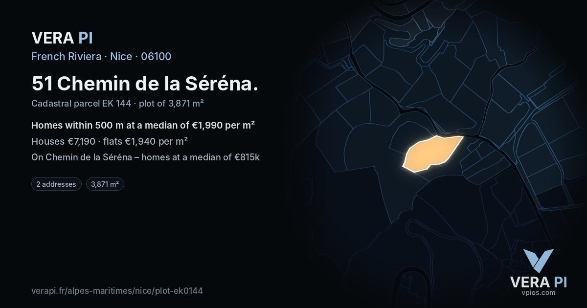 51 Chemin de la Séréna, Nice at night – the plot lit, the parcels around coloured by the prices near them