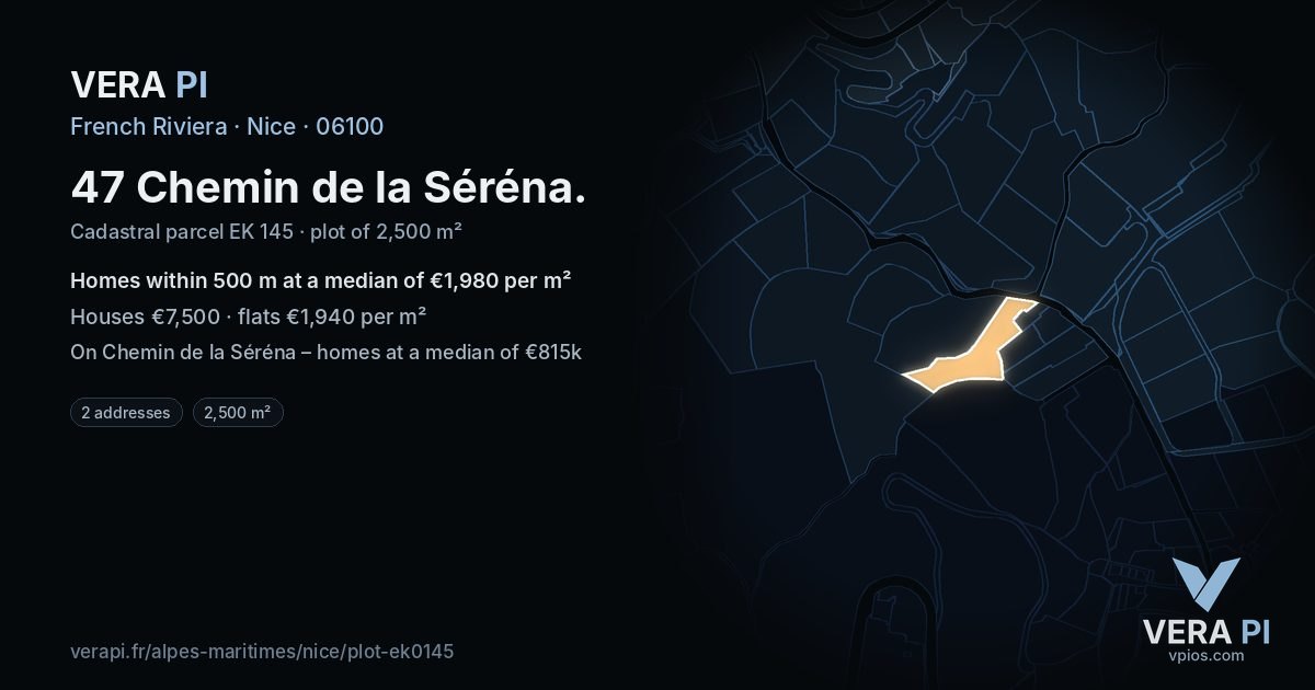 47 Chemin de la Séréna, Nice at night – the plot lit, the parcels around coloured by the prices near them