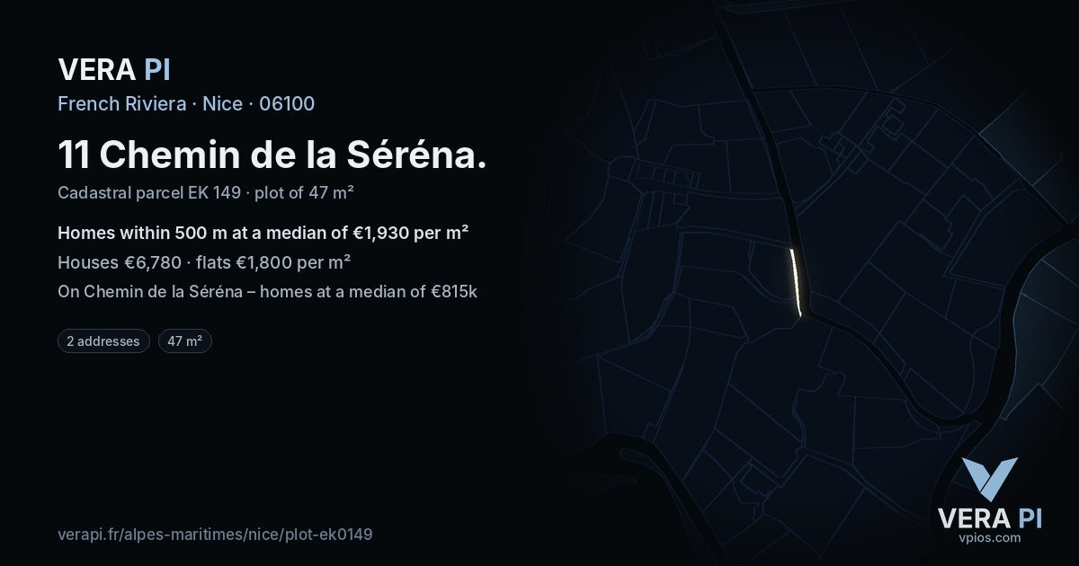 11 Chemin de la Séréna, Nice at night – the plot lit, the parcels around coloured by the prices near them