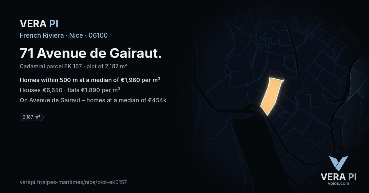 71 Avenue de Gairaut, Nice at night – the plot lit, the parcels around coloured by the prices near them