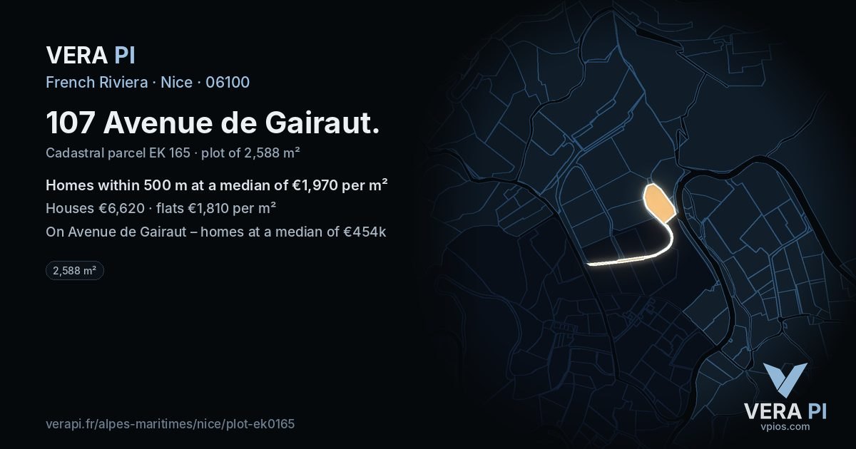 107 Avenue de Gairaut, Nice at night – the plot lit, the parcels around coloured by the prices near them