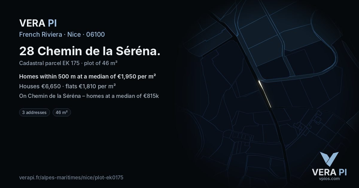 28 Chemin de la Séréna, Nice at night – the plot lit, the parcels around coloured by the prices near them