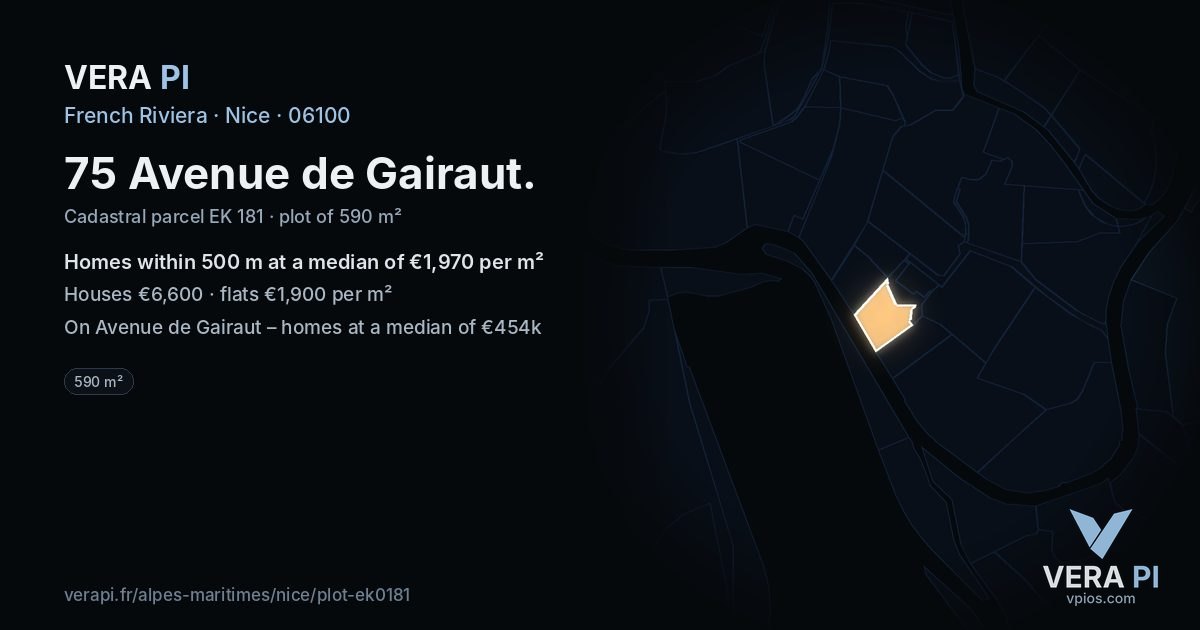 75 Avenue de Gairaut, Nice at night – the plot lit, the parcels around coloured by the prices near them