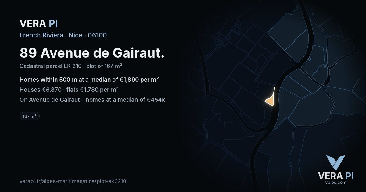 89 Avenue de Gairaut, Nice at night – the plot lit, the parcels around coloured by the prices near them