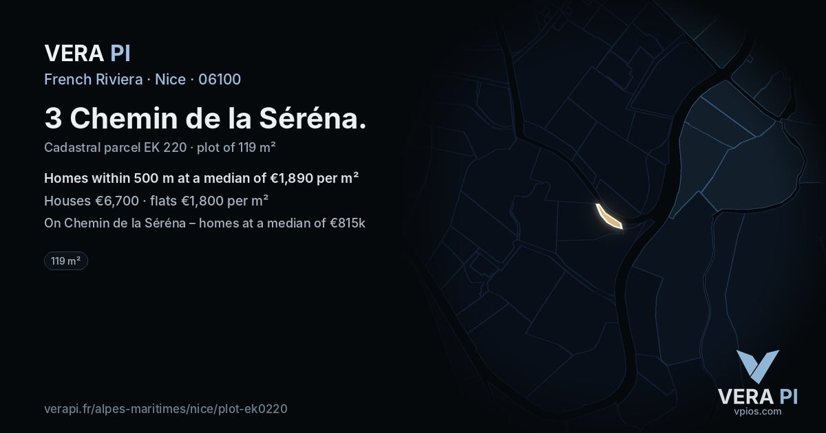 3 Chemin de la Séréna, Nice at night – the plot lit, the parcels around coloured by the prices near them
