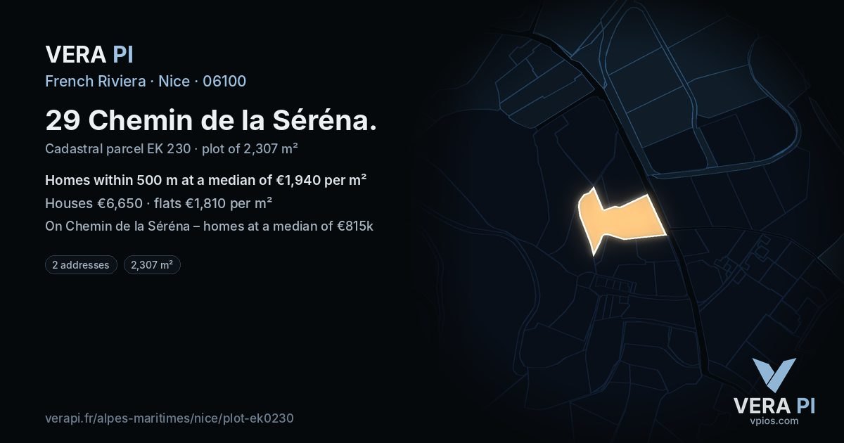 29 Chemin de la Séréna, Nice at night – the plot lit, the parcels around coloured by the prices near them