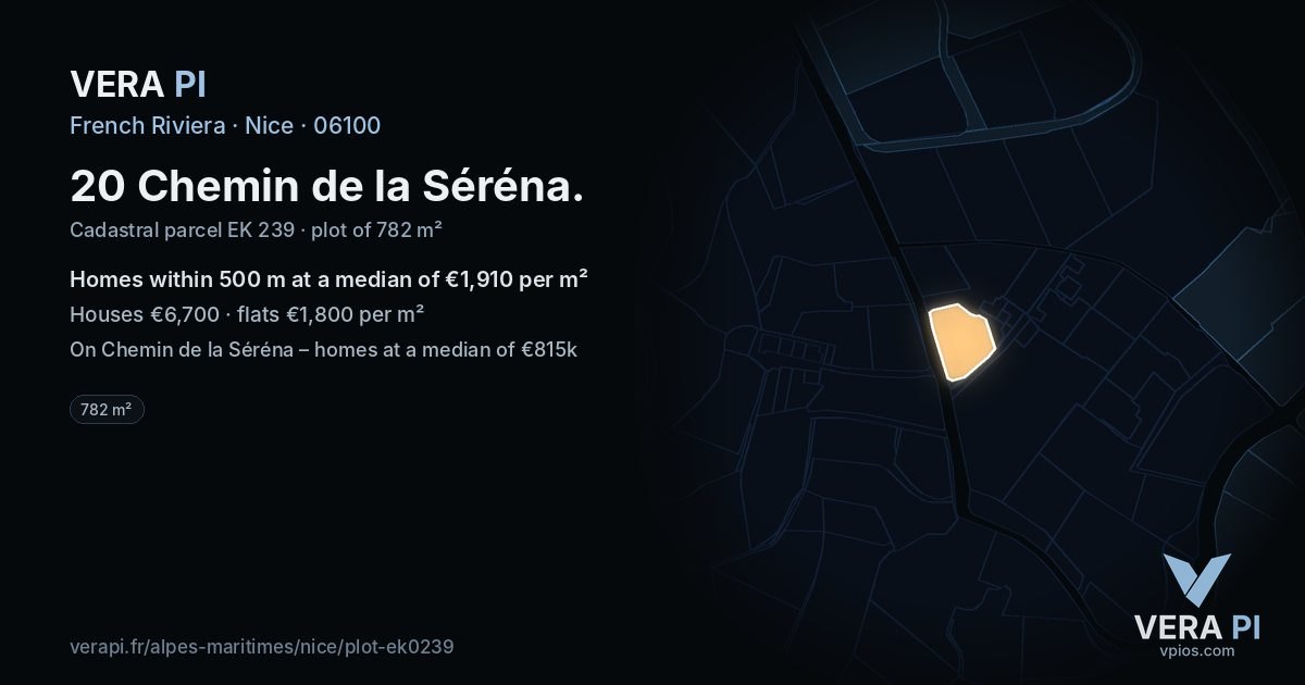 20 Chemin de la Séréna, Nice at night – the plot lit, the parcels around coloured by the prices near them