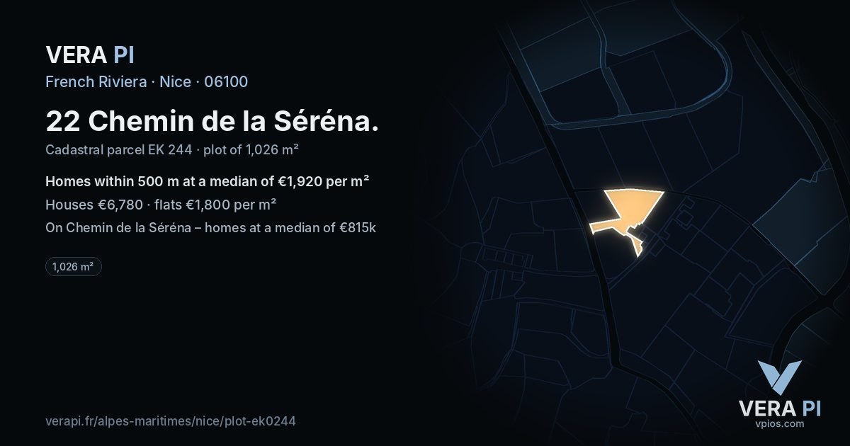 22 Chemin de la Séréna, Nice at night – the plot lit, the parcels around coloured by the prices near them