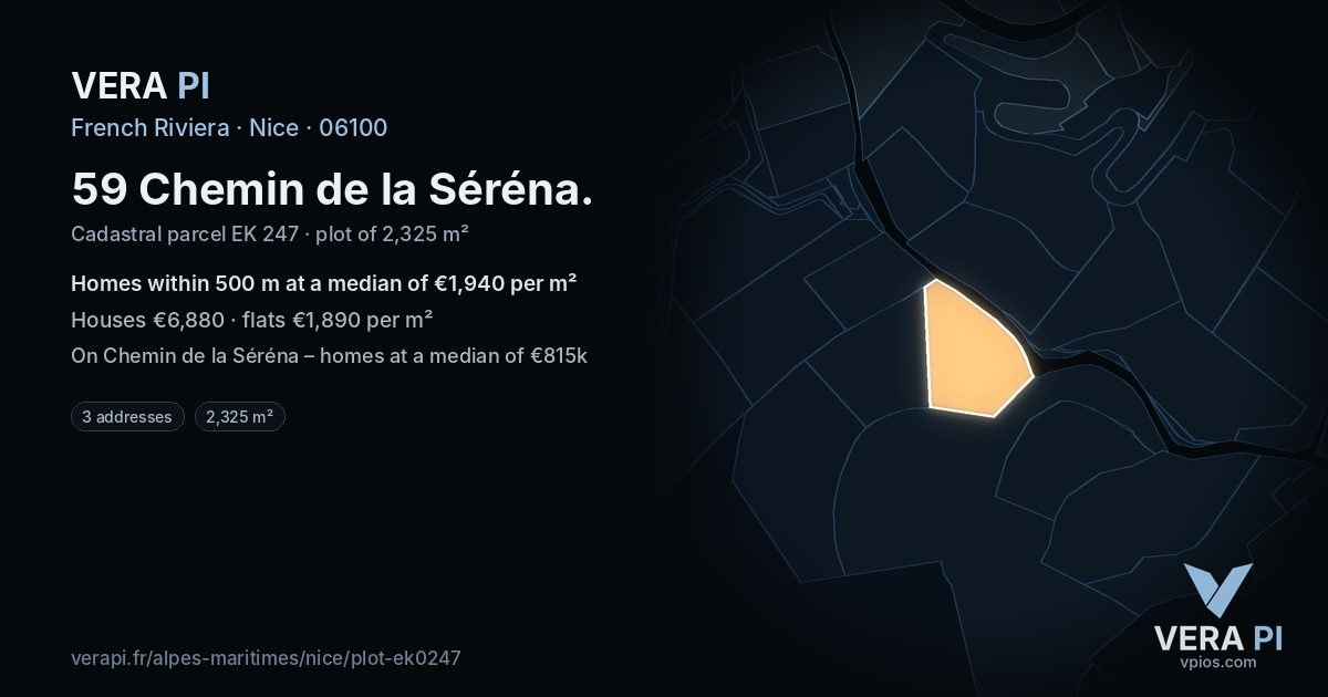 59 Chemin de la Séréna, Nice at night – the plot lit, the parcels around coloured by the prices near them