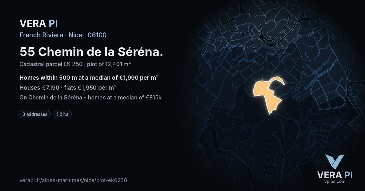 55 Chemin de la Séréna, Nice at night – the plot lit, the parcels around coloured by the prices near them