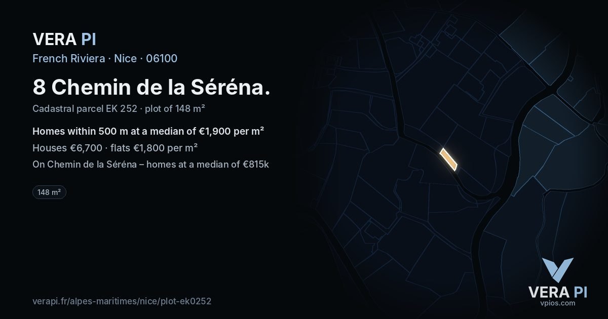 8 Chemin de la Séréna, Nice at night – the plot lit, the parcels around coloured by the prices near them