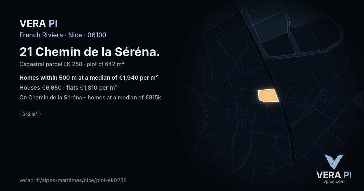 21 Chemin de la Séréna, Nice at night – the plot lit, the parcels around coloured by the prices near them