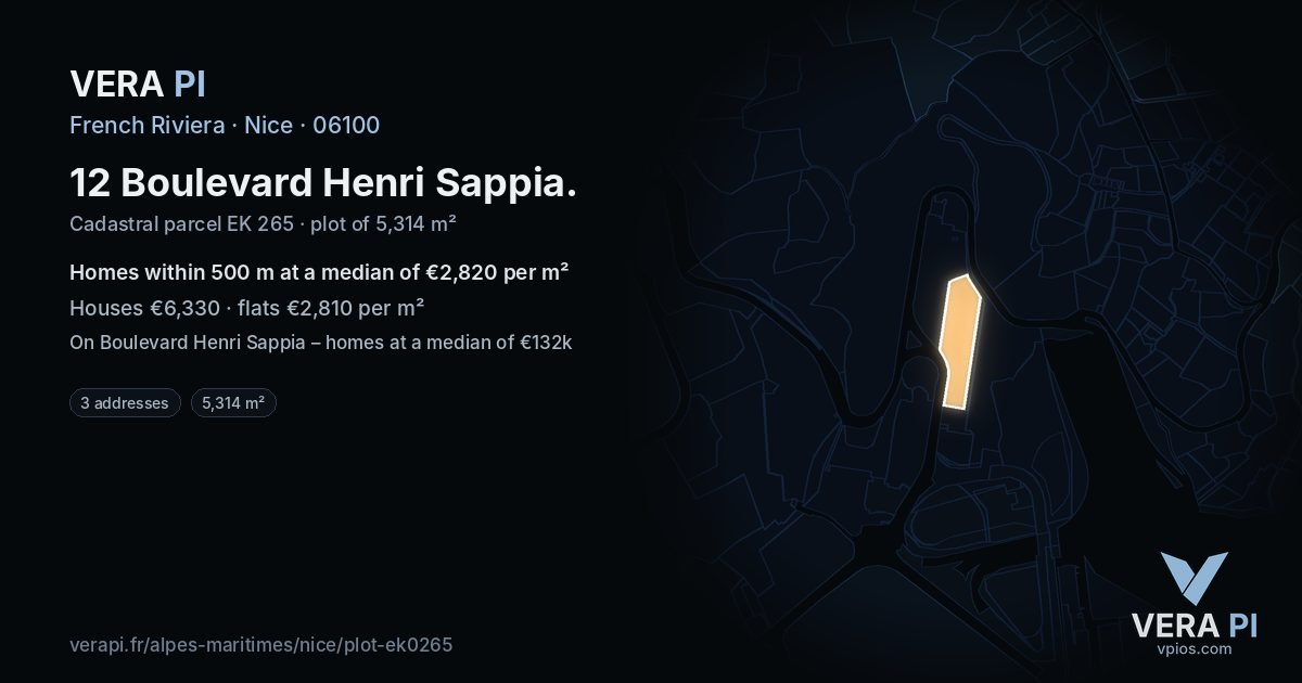 12 Boulevard Henri Sappia, Nice at night – the plot lit, the parcels around coloured by the prices near them