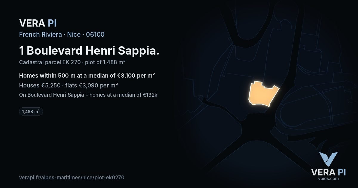 1 Boulevard Henri Sappia, Nice at night – the plot lit, the parcels around coloured by the prices near them