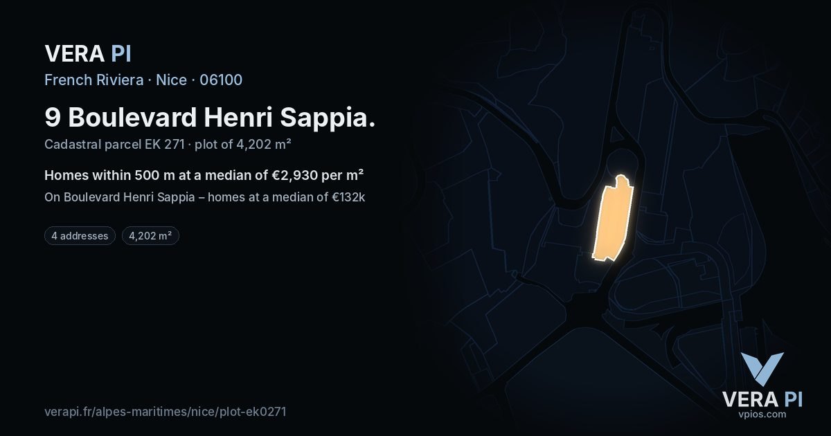 9 Boulevard Henri Sappia, Nice at night – the plot lit, the parcels around coloured by the prices near them