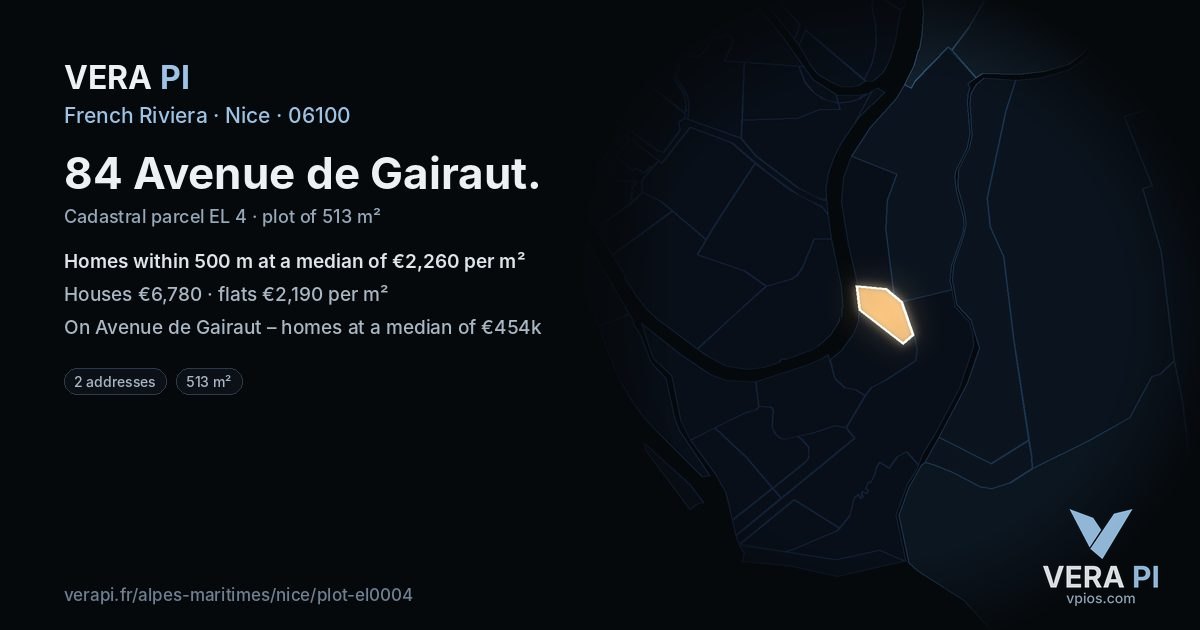 84 Avenue de Gairaut, Nice at night – the plot lit, the parcels around coloured by the prices near them
